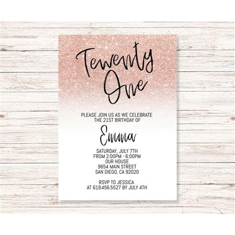 Rose Gold Glitter Birthday Invitations Templateany Agepink Inspire