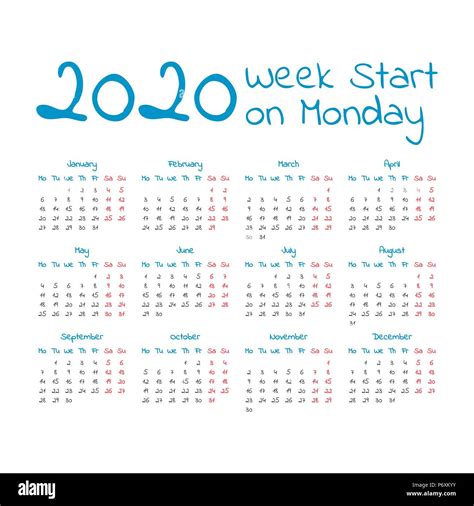 Simple Calendario Del Año 2020 La Semana Comienza En Lunes Imagen