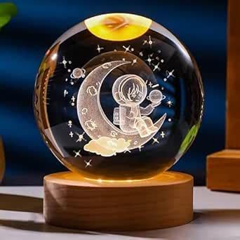 Desidiya 3D Moon Astronaut Crystal Ball Night Light With Wooden Base