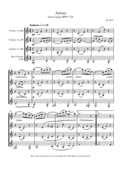 Bach Arioso From Cantata Bwv Sheet Music For Clarinet Quartet