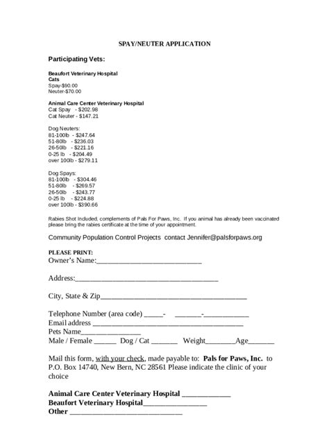 Spay Neuter Application New Bern Doc Template Pdffiller