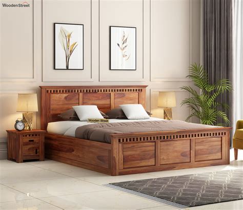 buy adolph sheesham wood bed  box storage king size honey finish