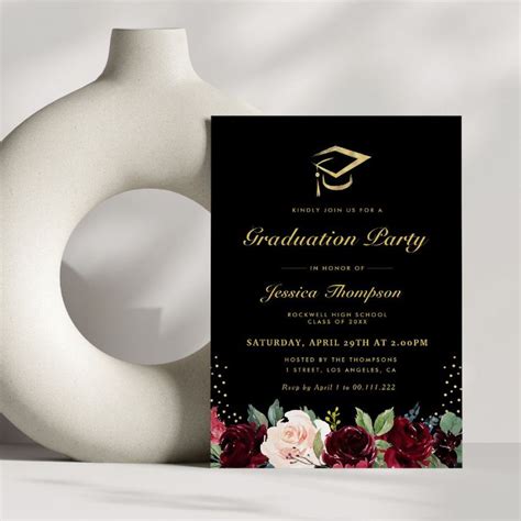 Black And Gold Burgundy Floral Graduation Party Invitation Floral