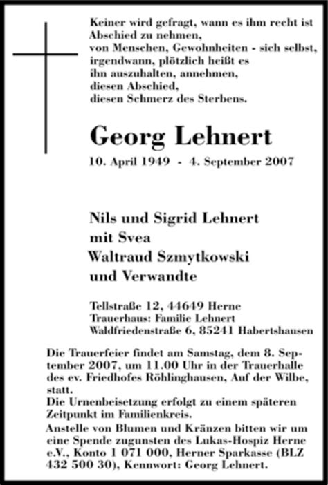 Traueranzeigen Von Georg Lehnert Trauer In NRW De