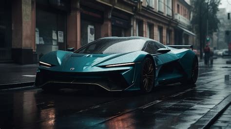 Un Auto Azul Bajo La Lluvia Con La Palabra Lotus En El Frente Foto