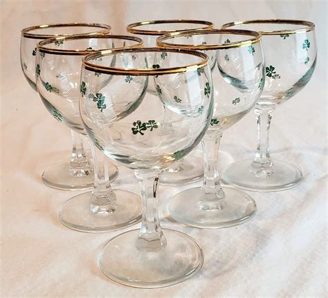 Set Of 6 Vintage Shamrock Leaf Clover Stemmed Gold Trim Wine Etsy