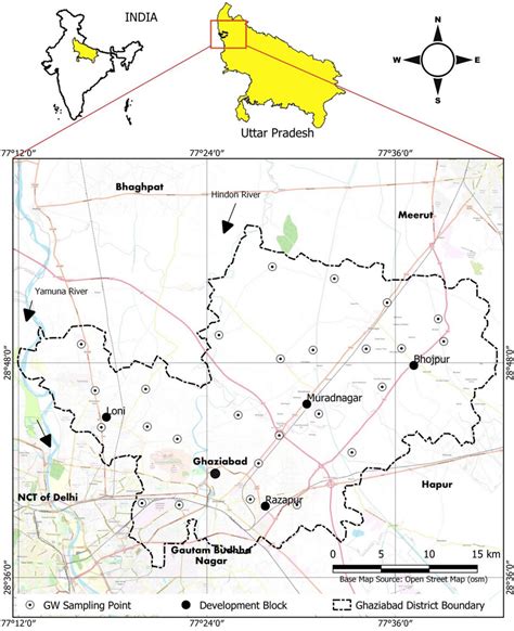 Location map of the Ghaziabad district with groundwater sampling ...