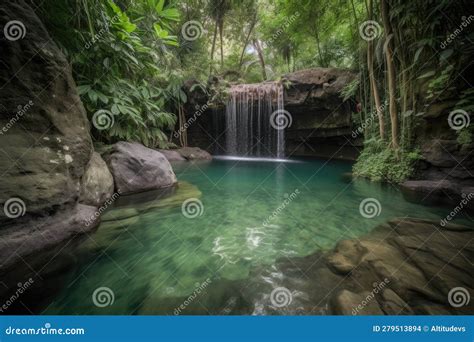 Majestic Waterfall Cascading Into Crystal Clear Pool Stock Photo