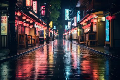 Premium AI Image | japan neon street at night wet street