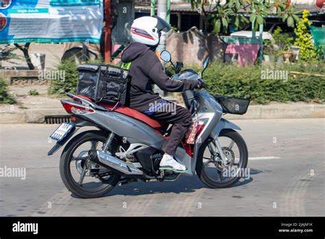 Samut Prakan Thailand Apr A Delivery Worker Rides A