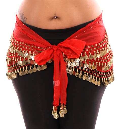 Plus Size 1x 4x Red Chiffon Belly Dance Hip Scarf With Gold Coins