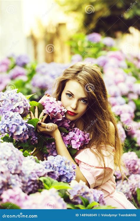 Pretty Girl In Hydrangea Flowers Stock Image Image Of Pretty Blossom