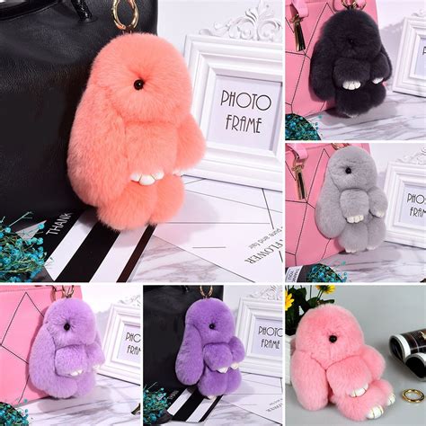 Rabbit Keychain Cute Fluffy Bunny Keychain Faux Rabbit Fur Pompom Key