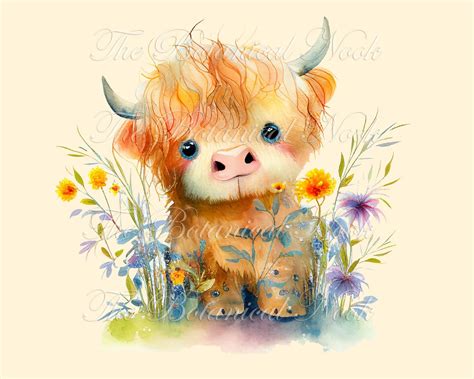 Baby Highland Cow Watercolor Clip Art Graphic Illustration Instant