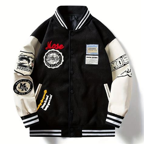 Embroidery Varsity Jacket Mens Casual Color Block Button Up Jacket For