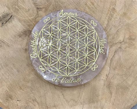 Disque De Rechargement Quartz Rose Fleur De Vie Et Mots Positifs 10 Cm