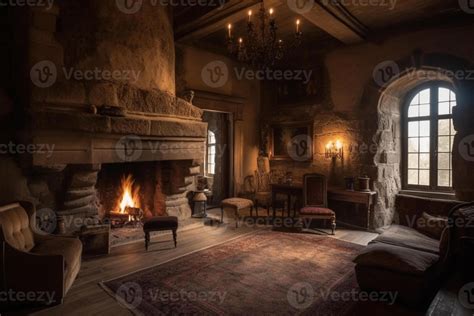 Cozy fireplace in a room in a medieval gothic castle. 23803361 Stock ...