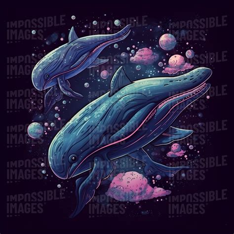 Illustration Of Whales Swimming With Pink And Blue Clouds Impossible