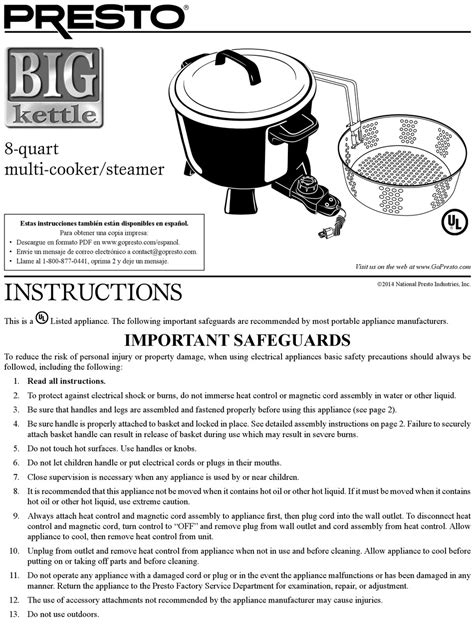 PRESTO BIG KETTLE INSTRUCTIONS MANUAL Pdf Download | ManualsLib