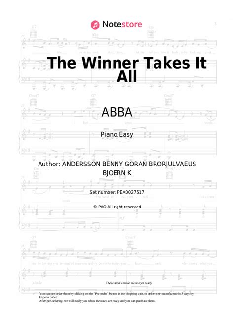 The Winner Takes It All Piano Sheet Music Easy Abba In Note Pianoeasy Sku Pea0027517