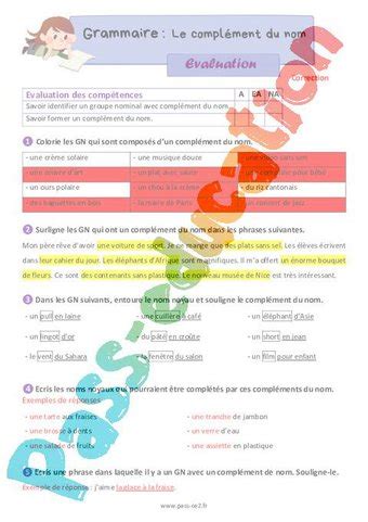 Le Compl Ment Du Nom Valuation Grammaire Pour Le Ce Pdf