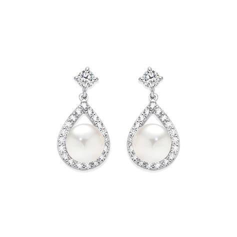 Silver Pearl And Cubic Zirconia Drop Earrings In White Prouds