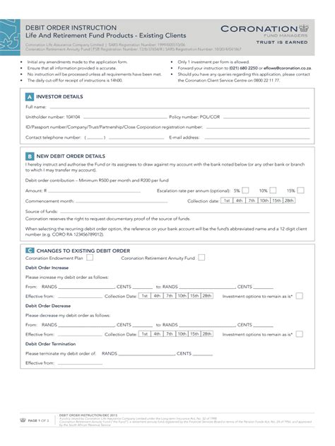 Fillable Online Debit Order Instruction Life And Coronation Fax