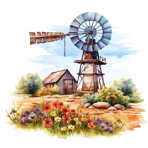 Premium Ai Image Watercolor Floral Western Windmill Western Wild West