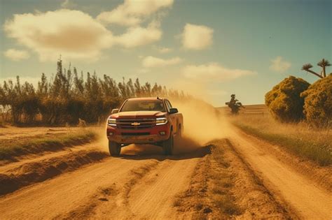 Premium Ai Image A Red Pick Up Truck Driving Down A Dirt Road