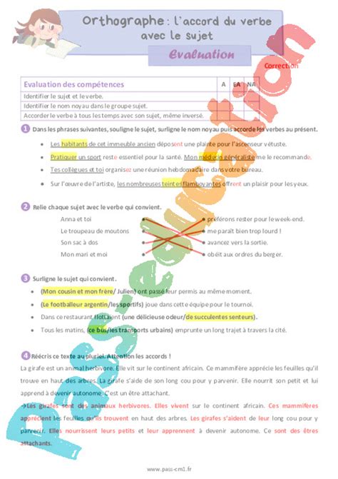 Laccord Du Verbe Avec Son Sujet Valuation D Orthographe Eme