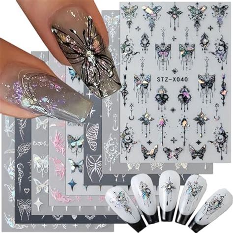 Amazon 8pcs Metallic Silver Butterfly Nail Stickers 3D Laser Black