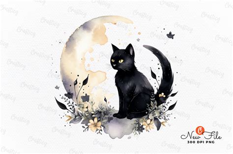 Black Cat And Moon Watercolor Clipart Graphic By Crafticy Creative