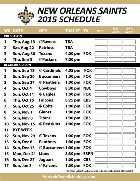 New Orleans Saints Printable Schedule