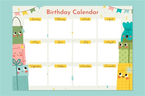 Plantilla de calendario de cumpleaños dibujada a mano Vector Premium