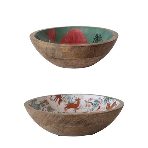 Enameled Mango Wood Bowls W Woodland Florafauna Pattern Set Of 2