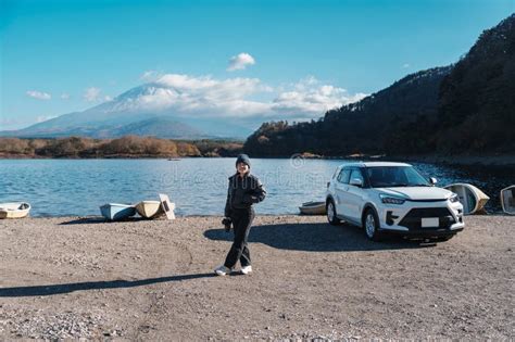 Woman Tourist Enjoy With Fuji Mountain At Lake Shoji Happy Traveler