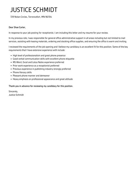 Receptionist Cover Letter Velvet Jobs