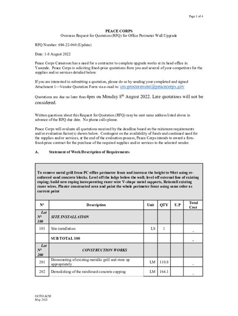 Fillable Online Files Peacecorps Peace Corps Request For Quotation Rfq