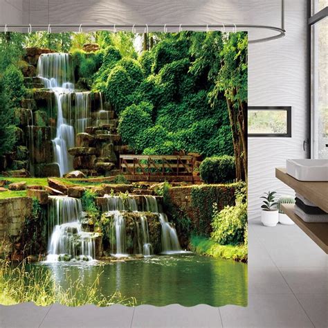 Outdoor Scenic Shower Curtain Plant Landscape Forest Waterfall Red Leaf