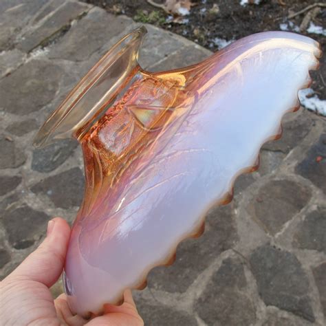 Antique Dugan Peach Opal Double Stem Rose Carnival Glass Ics Bowl Carnival Glass