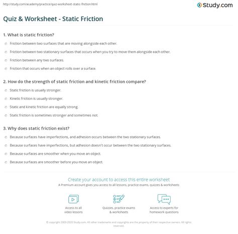 Quiz And Worksheet Static Friction