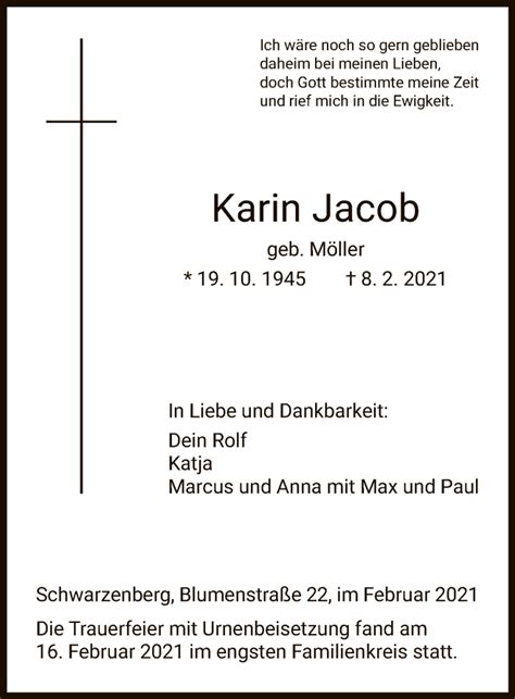 Traueranzeigen Von Karin Jacob Trauer HNA De