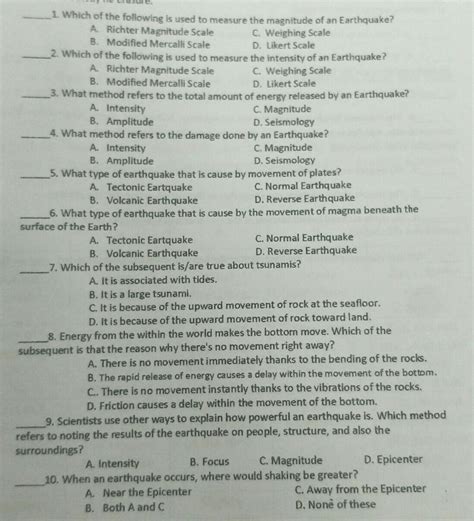 1 Which Of The Following Is Used To Measure The Magnitude Of An Earthquake A Richter