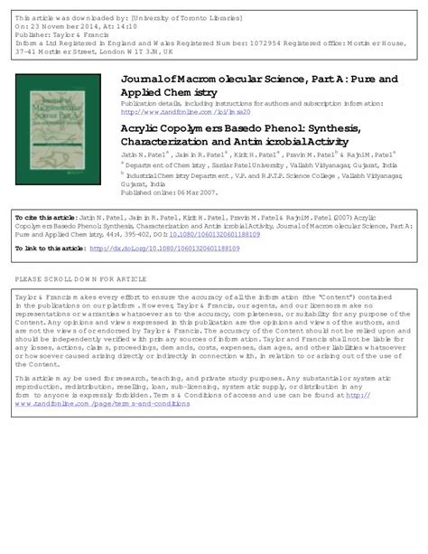 (PDF) Acrylic Copolymers Basedo Phenol: Synthesis, Characterization and Antimicrobial Activity ...