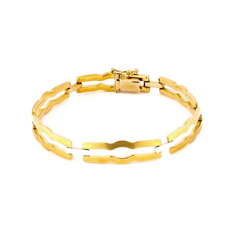 Pulsera Oro Bicolor K Mujer Eslabones Articulados Mate Brillo Cierre