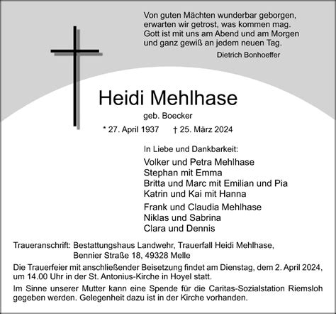 Traueranzeigen Von Heidi Mehlhase Noz Trauerportal