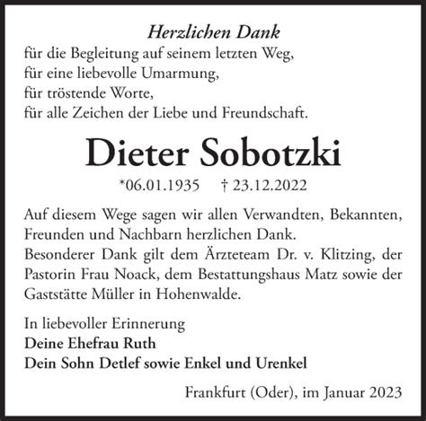 Traueranzeigen von Dieter Sobotzki Märkische Onlinezeitung Trauerportal