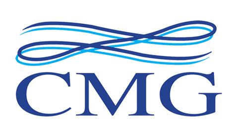 the cmg logo is shown in blue and white, with waves coming out of it