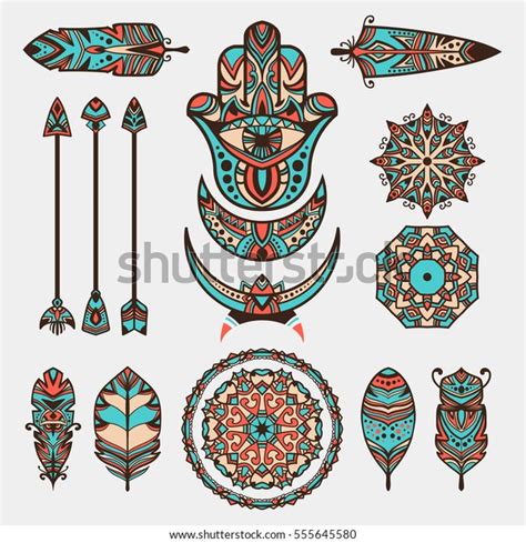 Bohemian Decorative Symbols Hamsa Arrows Feathers Stock Vector Royalty