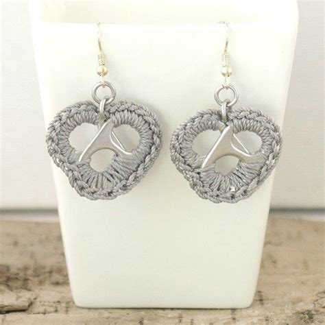 Grey Pop Tab Heart Earrings Pair Crochet Heart Upcycle Recycle